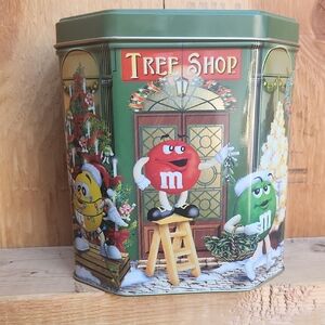M&M'S Tree Shop Tin with Red, Yellow, and Green Characters